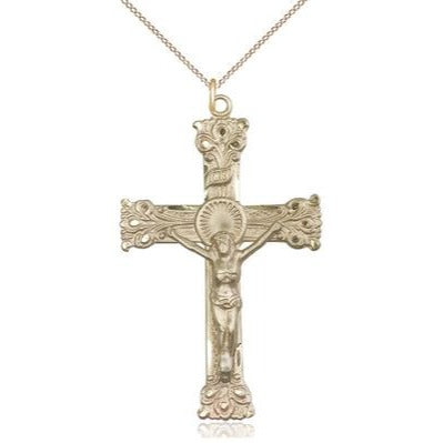 Crucifix Medal Necklace - 14K Gold Filled - 2 Inch Tall x 1-1/4 Inch Wide with 18" Chain