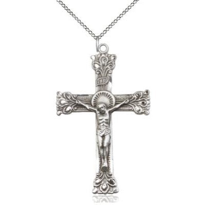 Crucifix Medal Necklace - Sterling Silver - 2 Inch Tall x 1-1/4 Inch Wide with 18" Chain