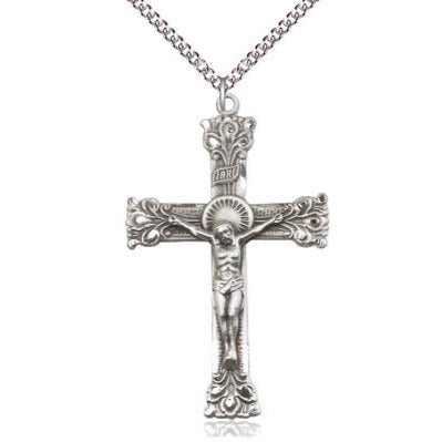 Crucifix Medal Necklace - Sterling Silver - 2 Inch Tall x 1-1/2 Inch Wide with 24" Chain