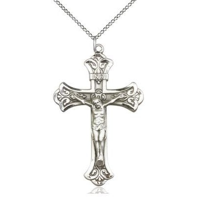 Crucifix Medal Necklace - Sterling Silver - 1-7/8 Inch Tall x 1-1/8 Inch Wide with 18" Chain