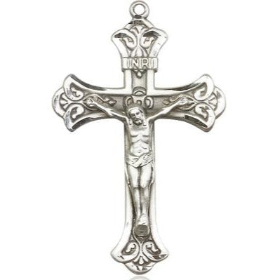 Crucifix Medal Necklace - Sterling Silver - 1-7/8 Inch Tall by 1-1/8 Inch Wide with 24" Chain
