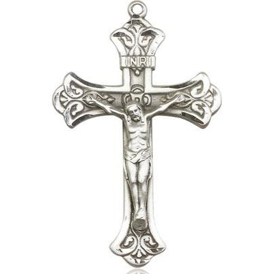 Crucifix Medal Necklace - Sterling Silver - 1-7/8 Inch Tall x 1-1/8 Inch Wide with 18" Chain