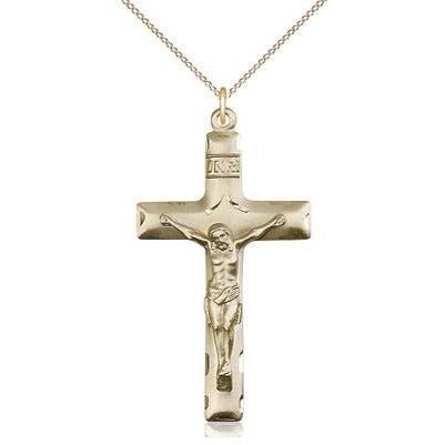 Crucifix Medal Necklace - 14K Gold Filled - 1-5/8 Inch Tall x 7/8 Inch Wide with 18" Chain