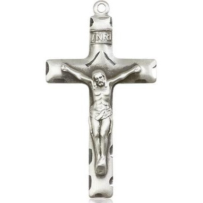 Crucifix Medal Necklace - Sterling Silver - 1-5/8 Inch Tall x 7/8 Inch Wide with 18" Chain