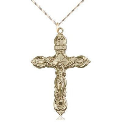 Crucifix Medal Necklace - 14K Gold - 1-3/4 Inch Tall x 1-1/4 Inch Wide with 18" Chain