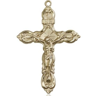 Crucifix Medal Necklace - 14K Gold - 1-3/4 Inch Tall x 1-1/2 Inch Wide with 24" Chain