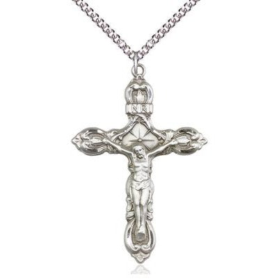 Crucifix Medal Necklace - Sterling Silver - 1-3/4 Inch Tall x 1-1/4 Inch Wide with 24" Chain