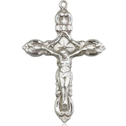 Crucifix Medal Necklace - Sterling Silver - 1-3/4 Inch Tall x 1-1/4 Inch Wide with 24" Chain