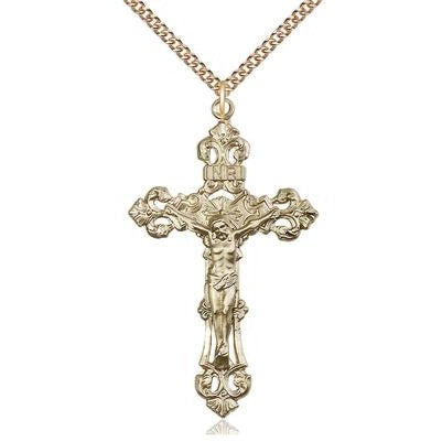 Crucifix Medal Necklace - 14K Gold Filled - 1-7/8 Inch Tall x 1-1/8 Inch Wide with 24" Chain