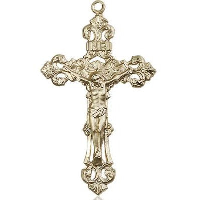 Crucifix Medal Necklace - 14K Gold Filled - 1-7/8 Inch Tall x 1-1/8 Inch Wide with 24" Chain