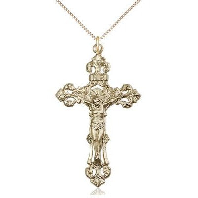 Crucifix Medal Necklace - 14K Gold - 1-7/8 Inch Tall x 1-1/8 Inch Wide with 18" Chain
