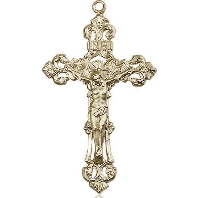 Crucifix Medal Necklace - 14K Gold - 1-7/8 Inch Tall x 1-1/8 Inch Wide with 24" Chain