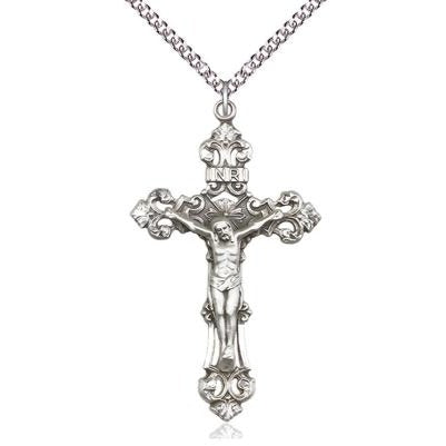 Crucifix Medal Necklace - Sterling Silver - 1-7/8 Inch Tall x 1-1/8 Inch Wide with 24" Chain