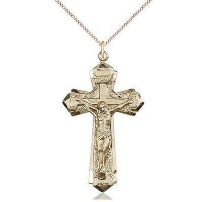 Crucifix Medal Necklace - 14K Gold Filled - 1-5/8 Inch Tall x 7/8 Inch Wide with 18" Chain