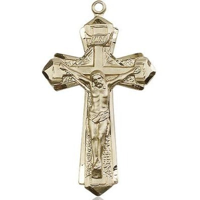 Crucifix Medal Necklace - 14K Gold - 1-5/8 Inch Tall x 7/8 Inch Wide with 24" Chain