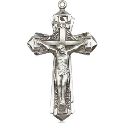 Crucifix Medal Necklace - Sterling Silver - 1-5/8 Inch Tall x 7/8 Inch Wide with 24" Chain