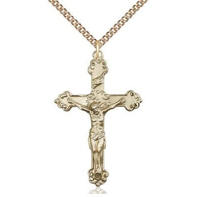 Crucifix Medal Necklace - 14K Gold Filled - 1-1/2 Inch Tall x 1 Inch Wide with 24" Chain
