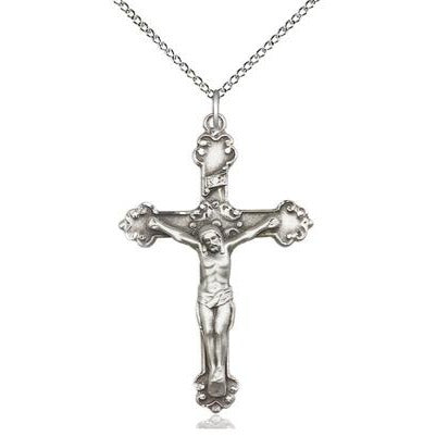 Crucifix Medal Necklace - Sterling Silver - 1-1/2 Inch Tall x 1 Inch Wide with 18" Chain