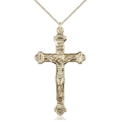 Crucifix Medal Necklace - 14K Gold Filled - 1-7/8 Inch Tall x 1 Inch Wide with 18" Chain