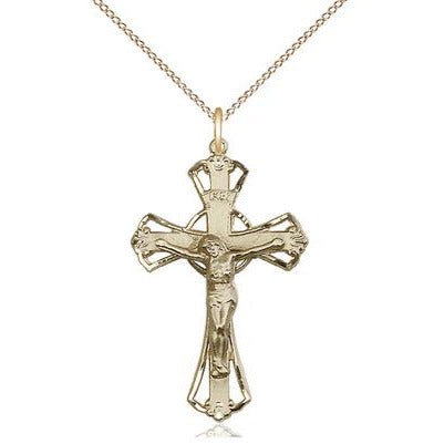 Crucifix Medal Necklace - 14K Gold - 1-1/4 Inch Tall x 3/4 Inch Wide with 18" Chain
