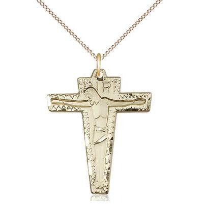Primative Crucifix Medal Necklace - 14K Gold Filled - 1-1/8 Inch Tall x 7/8 Inch Wide with 18" Chain
