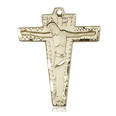 Primative Crucifix Medal - 14K Gold - 1-1/8 Inch Tall x 5/8 Inch Wide