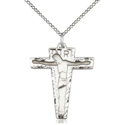 Primative Crucifix Medal Necklace - Sterling Silver - 1-1/8 Inch Tall x 7/8 Inch Wide with 18" Chain