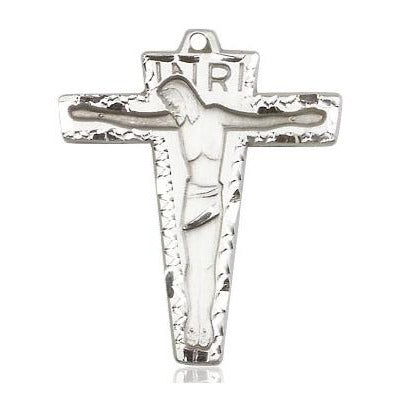 Primative Crucifix Medal Necklace - Sterling Silver - 1-1/8 Inch Tall x 7/8 Inch Wide with 24" Chain