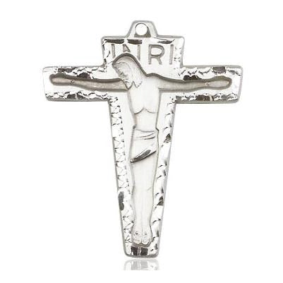 Primative Crucifix Medal Necklace - Sterling Silver - 1-1/8 Inch Tall x 7/8 Inch Wide with 18" Chain