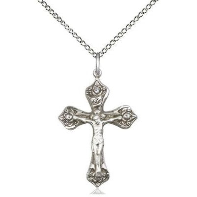Crucifix Medal Necklace - Sterling Silver - 1 Inch Tall x 5/8 Inch Wide with 18" Chain
