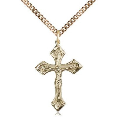 Crucifix Medal Necklace - 14K Gold Filled - 1-1/8 Inch Tall x 3/4 Inch Wide with 24" Chain