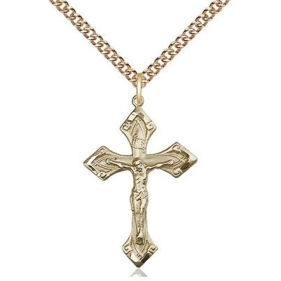 Crucifix Medal Necklace - 14K Gold - 1-1/8 Inch Tall x 3/4 Inch Wide with 24" Chain