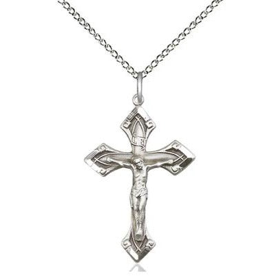 Crucifix Medal Necklace - Sterling Silver - 1-1/8 Inch Tall x 3/4 Inch Wide with 18" Chain
