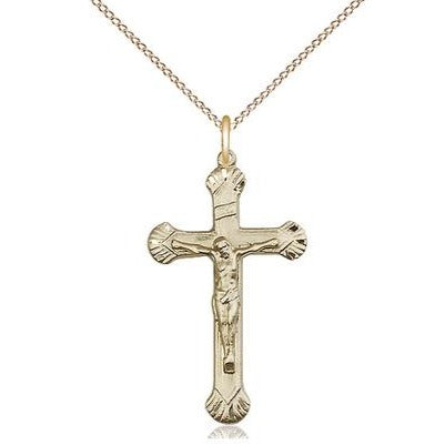 Crucifix Medal Necklace - 14K Gold Filled - 1-1/8 Inch Tall x 5/8 Inch Wide with 18" Chain