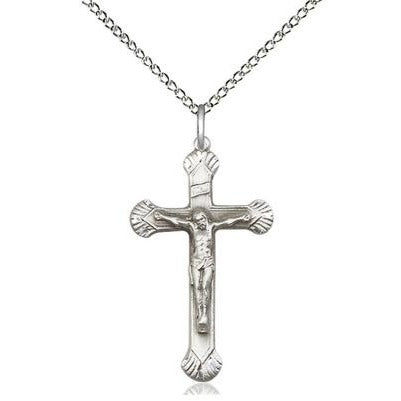 Crucifix Medal Necklace - Sterling Silver - 1-1/8 Inch Tall x 5/8 Inch Wide with 18" Chain
