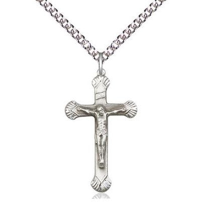 Crucifix Medal Necklace - Sterling Silver - 1-1/8 Inch Tall x 5/8 Inch Wide with 24" Chain