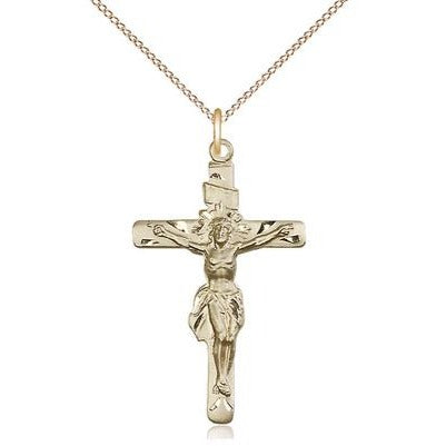 Crucifix Medal Necklace - 14K Gold - 1-1/4 Inch Tall x 3/4 Inch Wide with 18" Chain