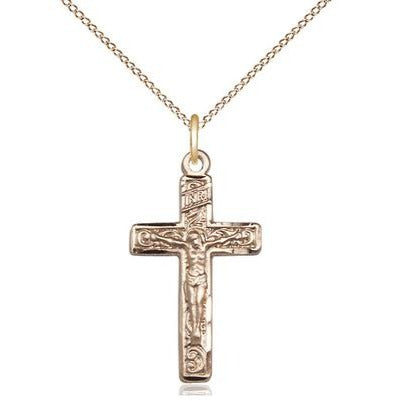 Crucifix Medal Necklace - 14K Gold Filled - 1 Inch Tall x 1/2 Inch Wide with 18" Chain