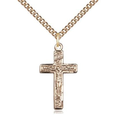 Crucifix Medal Necklace - 14K Gold - 1 Inch Tall x 1/2 Inch Wide with 24" Chain