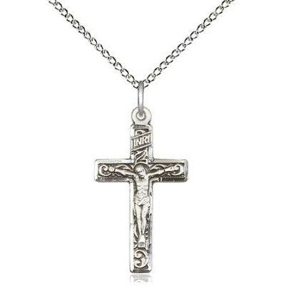 Crucifix Medal Necklace - Sterling Silver - 1 Inch Tall x 1/2 Inch Wide with 18" Chain