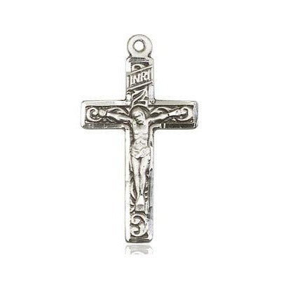 Crucifix Medal Necklace - Sterling Silver - 1 Inch Tall x 1/2 Inch Wide with 24" Chain