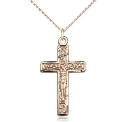 Crucifix Medal Necklace - 14K Gold - 1-1/4 Inch Tall x 5/8 Inch Wide with 18" Chain