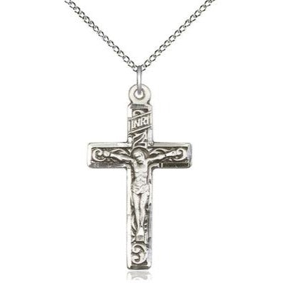 Crucifix Medal Necklace - Sterling Silver - 1-1/4 Inch Tall x 5/8 Inch Wide with 18" Chain