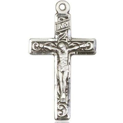Crucifix Medal Necklace - Sterling Silver - 1-1/4 Inch Tall x 5/8 Inch Wide with 18" Chain