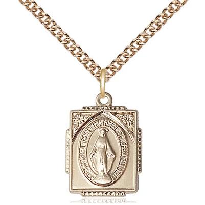 Miraculous Medal Necklace - 14K Gold - 5/8 Inch Tall by 1/2 Inch Wide with 24" Chain