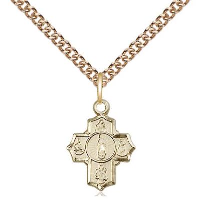5 Way Medal Necklace - 14K Gold Filled - 1/2 Inch Tall by 3/8 Inch Wide with 24" Chain