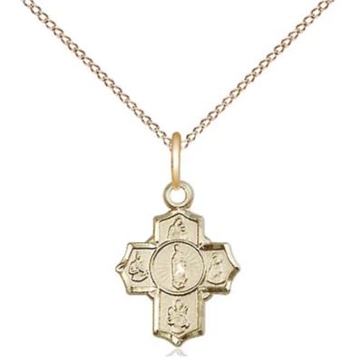 5 Way Medal Necklace - 14K Gold - 1/2 Inch Tall by 3/8 Inch Wide with 18" Chain
