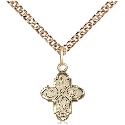 4 Way Medal Necklace - 14K Gold Filled - 1/2 Inch Tall by 3/8 Inch Wide with 24" Chain