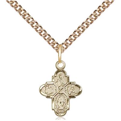 4 Way Medal Necklace - 14K Gold - 1/2 Inch Tall by 3/8 Inch Wide with 24" Chain