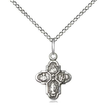 4 Way Medal Necklace - Sterling Silver - 1/2 Inch Tall by 3/8 Inch Wide with 18" Chain